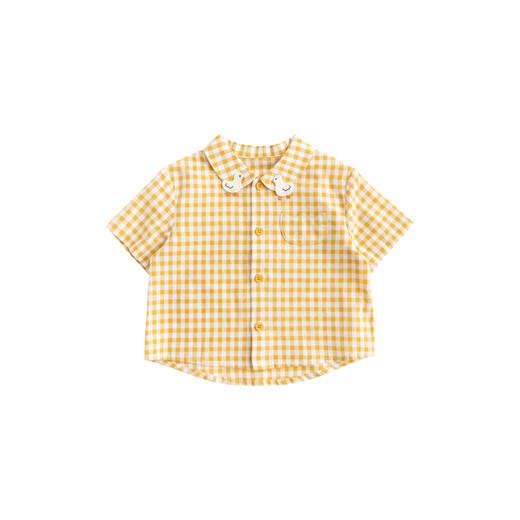 YOUGE Infant Summer Fun Duckling Short-Sleeved Shirt Three-dimensional Duckling Doll Overalls Set Yellow and White Plaid Shirt 90 cm