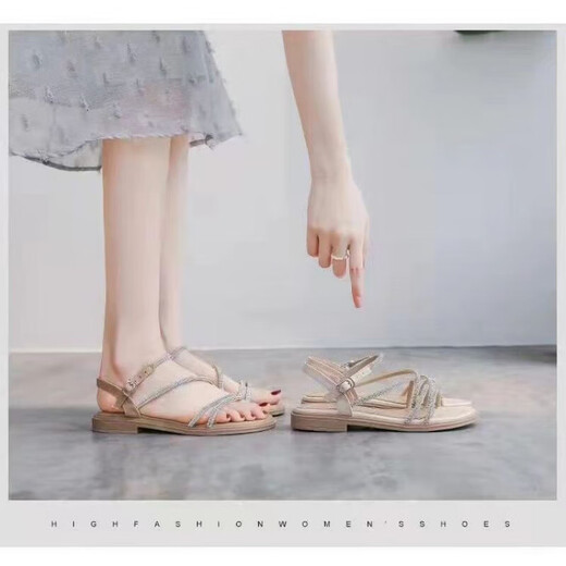 HQTING红蜻蜓旗下品牌断码水钻平底凉鞋女2025年夏季百搭软底一字扣罗马 升级版/米白色 38
