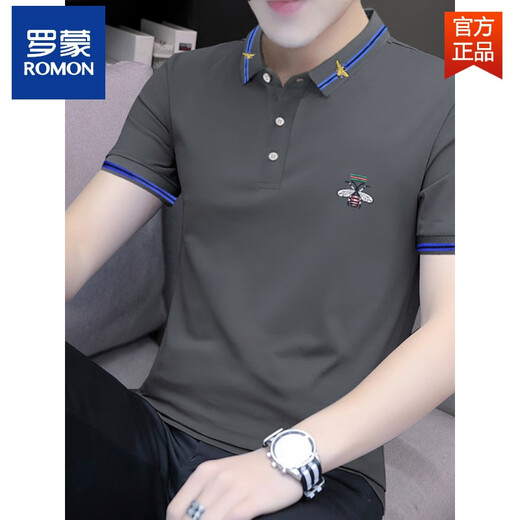 罗蒙（ROMON）翻领碳灰色夏季时尚潮流pol.o衫男装纯棉短袖t恤工作服打底衫 碳灰色S5012款 刺绣翻领 M 85-110斤