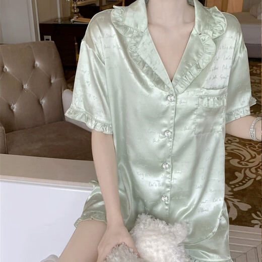 莫代尔睡衣女夏季天冰丝凉感显白感绿色家居服短袖可外穿套装 9221 绿色 2XL 【建议130-150斤】