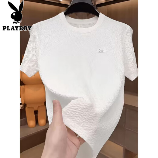 Playboy (Playboy) 2025 Новая мужская футболка с короткими рукавами для летней легкой роскошной универсальной круглой шеи прохладная высококачественная модная модная ледяная рубашка 1105 белая световая текстура M 90-105Jin [Jin равно 0,5 кг]