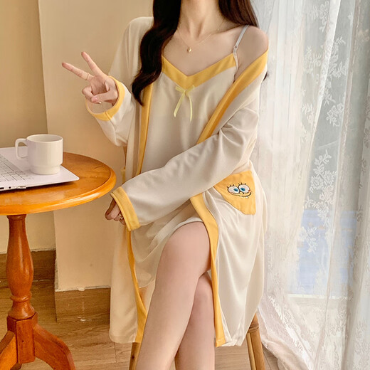 Qinji Pure Cotton Sling Night Robe Set en deux pièces pour femmes 2025 Spring New Pure Cotton Sling Night Robe Women's Sling Two-Piece Set Home Home Pink 9901 160 (M) [Poids suggéré 80-100jin [Jin est égal à 0,5 kg]] toutes taille