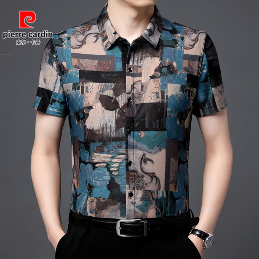 Pierre cardin summer youth men's short-sleeved shirt middle-aged large-sleeved print T-shirt men's pure cotton half-sleeved floral floral shirt thin style 673 red L 175 suggestions 145-165Jin [Jin equals 0.5 kg]