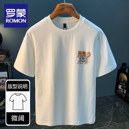 Футболка с короткими рукавами Romon Men's Men's Men's Men's 2025 Summer Thin Fashion Print Fut Shirt Scinjiang Хлопковая круглая шея с половиной наполовину Top Top Top To White 2 [ZJ1047 FIT версия] M подходит для 90-108JIN [Jin Equals 0,5 кг]