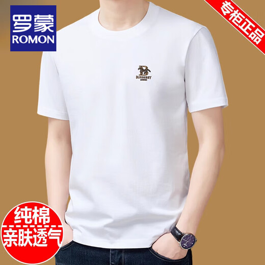 Romon reines Baumwoll kurzärmeliges T-Shirt für Männer runden Hals Sommer 2025 Neues T-Shirt Lose obere halbe Ärmeln Männer fashion t White 9929 Modell M 165 suggeriert 90jin [Jin ist gleich 0,5 kg] -120jin [Jin gleich 0,5 kg]