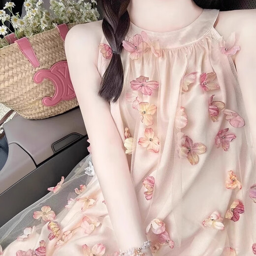 荣西图（RONGXITU）法式挂脖连衣裙夏日甜美小个子度假氛围感裙子 粉色*761 L