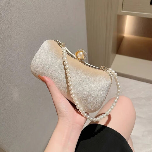 Kuqi Kangaroo (KUQIDAISHU) Celebrity Dinner Clutch Banquet Small Bag Matching Dress Bag Portable Pearl Bag Retro Cheongsam Women's Bag Pearl Head Apricot (Pearl Hand Chain + O-shaped Diagonal