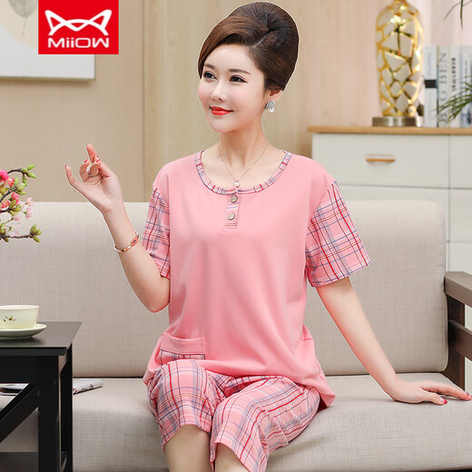 Catman MIIOW middle-aged mother pajamas for women in summer thin pure cotton short-sleeved cropped pants middle-aged and elderly people's home clothes plus size suit Watermelon red YMY-3937 M [Suggest 80-100Jin [Jin equals 0.5 kg]]