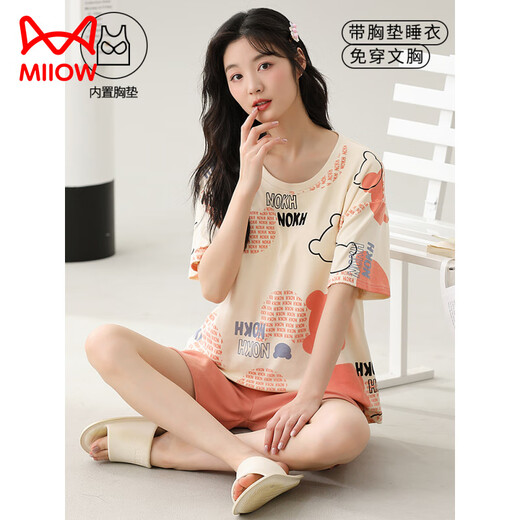 猫人（MiiOW）夏季女士短袖睡衣套装纯棉自带胸垫一体家居服可外穿薄款大码夏天 GXT1047 XL (建议115-130斤)