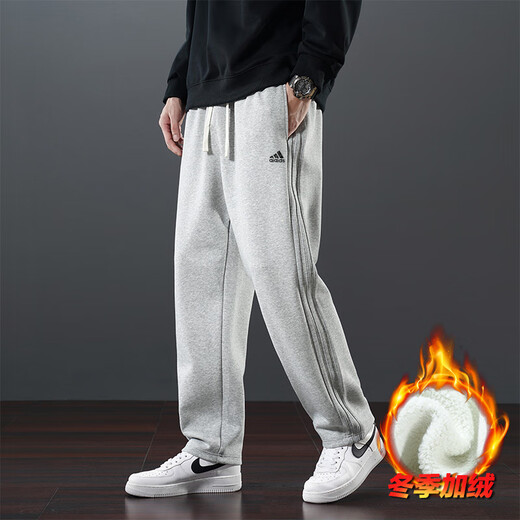 Brand pure cotton sweatpants men's autumn and winter velvet casual pants men's straight trousers men's loose sweatpants thickened pants light gray velvet style L 110-130Jin Jin equals 0.5 kg