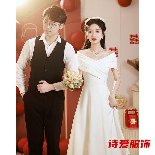 
Dongjing one-shoulder white evening dress can be worn usually with engagement dress wedding dress bride registration white dress white long 3663 L