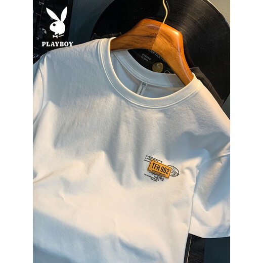 Playboy (PLAYBOY) white T-shirt men's summer new high-end trend printed T-shirt American light luxury Xinjiang cotton comfortable short-sleeved T-shirt black [JSW9906 black] M suitable for 90-108Jin [Jin equals 0.5 kg] wear