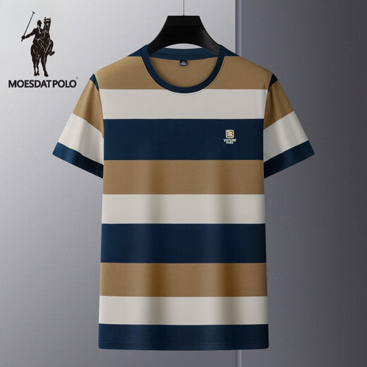 Larren Paul Knight Men's Round Neck T-shirt Short Sleeve Stripe Color Block Summer High-end Top Business Casual Loose Large Size Trendy Brand a 6197-Denim Blue M 48