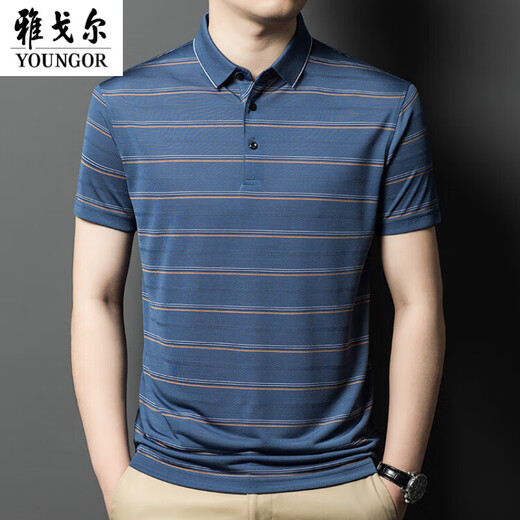 梦特娇（MONTAGUT）桑蚕.丝短袖t恤男士高端翻领爸爸夏装中年条纹polo衫潮 fcy-a829 兰色 M m 165 建议100-120斤