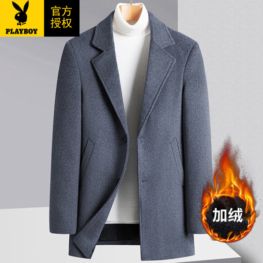 Playboy (PLAYBOY) woolen coat men's autumn and winter new thickened youth short plus velvet business casual woolen velvet coat for men black cotton 2XL