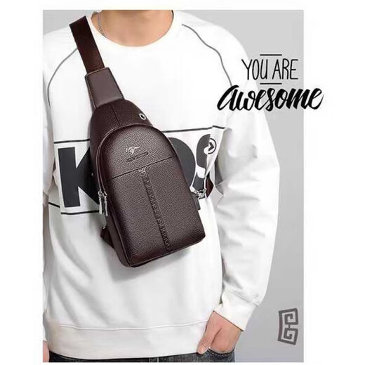 袋鼠真皮质感男士胸包运动斜挎包男包夏季小包男包背包休闲大容量腰包 黑色7029[升级新款]