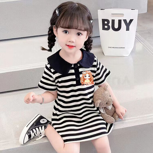 
COLORFUL GEMS girls summer dress 2-3 new style children's Korean style fashion baby summer POLO skirt children's summer skirt black and white TX9207 dress 80 small
