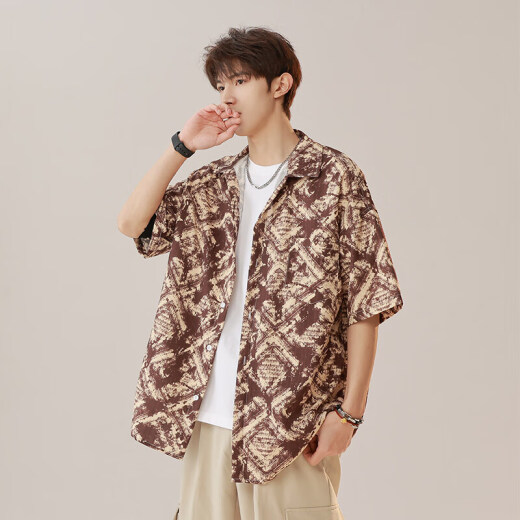 帝创者（DICHUANGZHE）夏威夷衬衫男夏季2025冰丝港风青少年短袖男士休闲花衬衣 7035斯里兰卡棕 2XL