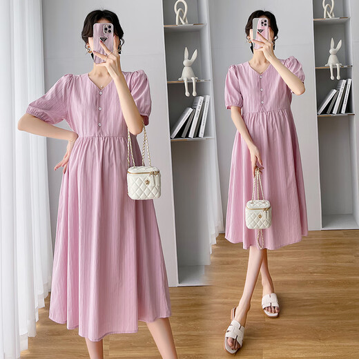 
Jingqi (JOYNCLEON) maternity dress summer 2025 new style female temperament summer breastfeeding skirt loose maternity summer long skirt light blue [buttons can breastfeed] Jly22130 L