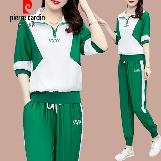 
Pierre cardin ice silk casual suit for women 2025 summer new loose large version women's fashion age-reducing short-sleeved sportswear (1389) Blue M (recommended 100 Jin [Jin equals 0.5 kg] or less)
