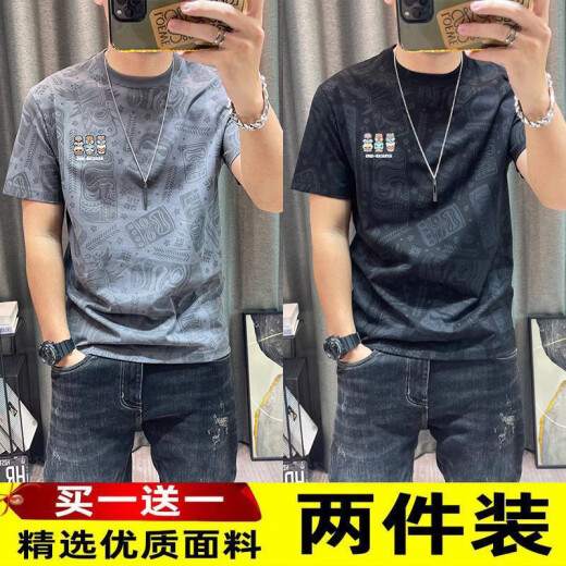 荣西图（RONGXITU）短袖恤男2025新款两件装潮男印花半袖体恤衫男士修身薄款上衣男 829短袖黑色【单件装】 M 【建议80-100斤】