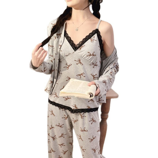 Buntes Edelstein Frühlings- und Herbstkoreaner Pyjamas Frauen-Drei-teiliger Set mit Brustpaddel, gepolstert Langarm-Hauskleidung My-r13803# schwarz (mit Brustpolster) 170 m