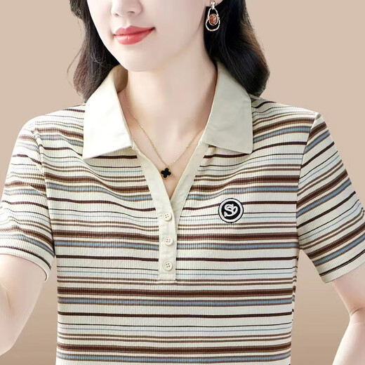 
Xianxiu striped short-sleeved shirt for women in summer new mother versatile shirt lapel top LCX-9926 brown color M (recommended 80-95 Jin [Jin equals 0.5 kg])