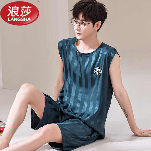 Langsha Pyjamas Herrenweste ärmellose Shorts Zweiteiler Anzug Sommer Dünner Ice Seide Kühltrockne Ball Uniform großer Schüler [ICE Seidenhülsen und Anzug] Q9902 L Männer [100-125jin [Jin gleich 0,5 kg]]]