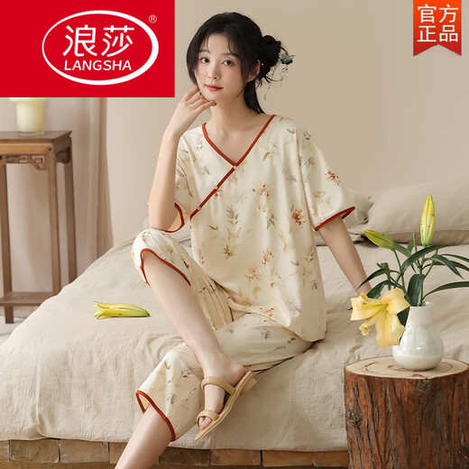 Langsha Summer à manches courtes Pyjama Set Cotton Women's Femme Summer Summer NOUVEAU PANTÉ CRARDED PANTÉ POUVE AVOIR EST EST DES VOITURES DU MAISON DE SOIR
