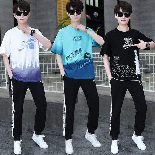 Ruibanglai Summer Teen Teen kurzärmelig T-Shirt Boy 13-15 Jahre alte Schüler der High School School Schüler Große Kinder Sommerkleidung hübsches Sport Set XSD-T9226 White Grey (Top + Pants) XL 115 bis 130jin [Jin gleich 0,5 kg]