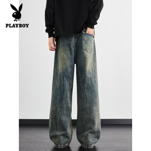 花花公子（PLAYBOY）闪电纹水洗牛仔裤男夏季新款复古宽松直筒阔腿裤潮牌高街美式裤子 1049黑渐变 M