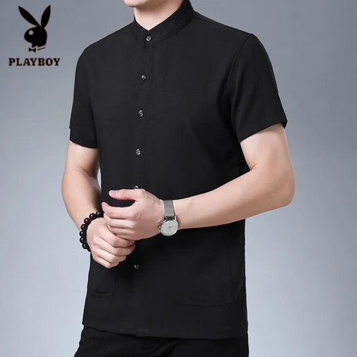 花花公子（PLAYBOY）爸爸夏装宽松薄款衬衣夏季中老年男士短袖衬衫中国风立领半袖衬衫 9201 浅灰 M 165【100-120斤】
