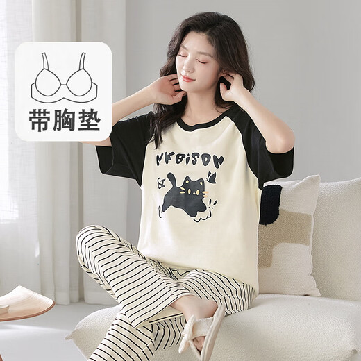 莫代尔夏季女士短袖睡衣套装棉大尺码长裤自带胸垫一体家居服韩版薄款条 GXT1342 M (建议75-95斤)