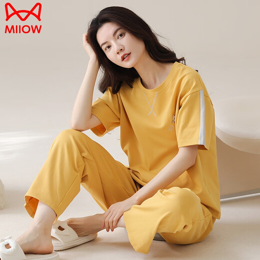 猫人（MiiOW）纯棉睡衣女夏季短袖长裤圆领韩版甜美卡通学生可外穿家居服套装薄 Z9721 M (155-160CM，80-100斤)