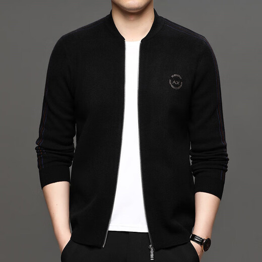 Knitted Cardigan Men's Zipper Baseball Collar 2025 Spring and Autumn Casual Solid Color Wool Jacket Trendy Sweater for Middle-aged and Young People Black Style M (Recommended 90-120 Jin Jin equals 0.5 kg)
