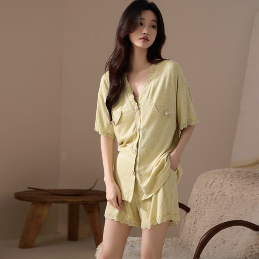 莫代尔睡衣女莫代尔夏季甜美性感蕾丝开衫带胸垫夏天短袖小香风两件套薄 3527 L