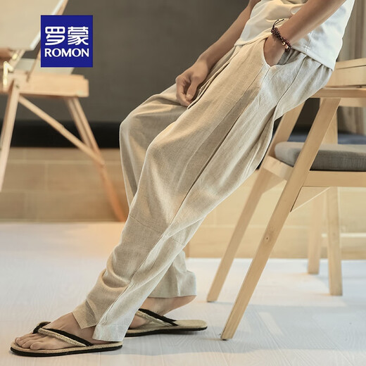 罗蒙（ROMON）春秋中国风亚麻裤男薄款宽松休闲裤哈伦裤九分裤棉麻灯笼裤子男士 米白色【腰带款】 M 【参考体重100-120斤】