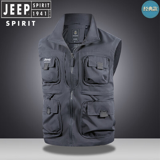 JEEP SPIRIT高端男士马甲多口袋工装背心坎肩春秋款户外摄影钓鱼宽松透气马夹 灰色 XL 140-150斤