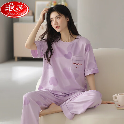 浪莎（LangSha）纯棉睡衣夏季短袖长裤全棉卡通夏天可外穿春秋款家居服套装 YZT9715 短袖长裤 M (80-100斤)
