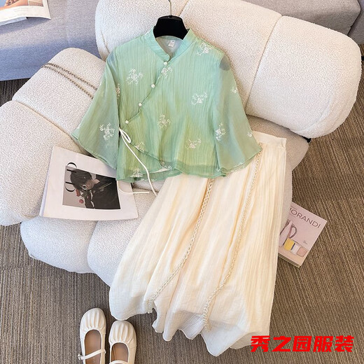 Fan Zhesha's new Chinese style Hanfu stand-up collar tilt placket short-sleeved embroidered top improved the national style skirt suit cool temperament 1043 green + 12161 brown M