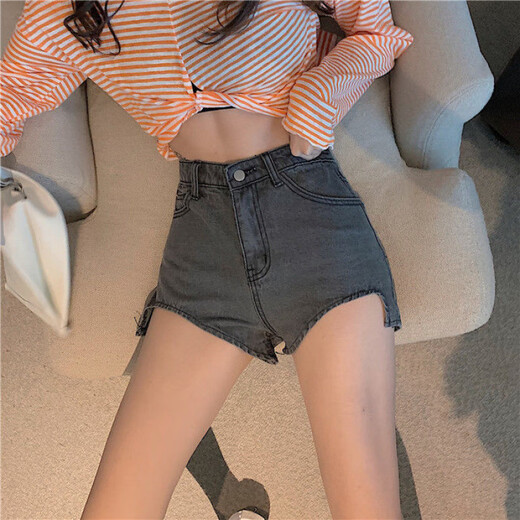 Rongxitu Pantalones cortos de mezclilla de cintura alta de verano Nuevo pantalones calientes irregulares tendencia negra 694 m