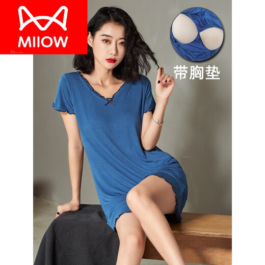 Catman (MiiOW) brand modal nightgown for women summer chest pads without wearing bra sexy thin small pajamas dress dress black [with chest pad] 1203 2XL 175