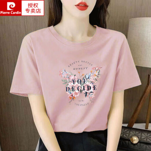 皮尔卡丹（pierre cardin）浅粉色纯棉短袖t恤女士宽松气质减龄印花半袖夏装2025年新款上衣 6172皮粉 短袖 M (建议80-105斤)