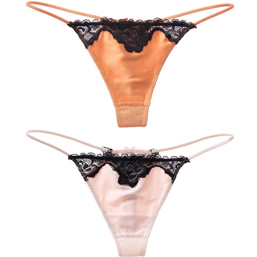 Sexy T-string women's lace European and American seamless T-pants with one thread see-through for student girls, hot and tempting low-waisted underwear, orange gold + skin color S