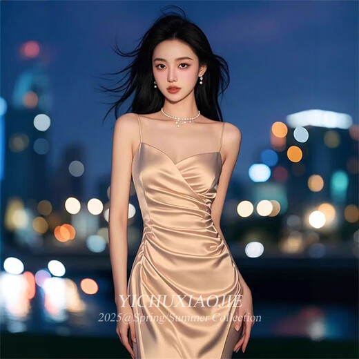 T 天启世纪时尚高级感缎面吊带连衣裙女春季修身收腰独特气质礼服包臀裙 香槟色连衣裙 M 【建议98-108斤】
