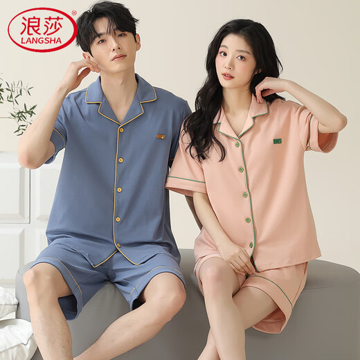 LangSha (LangSha) high-end couple pajamas pure cotton shorts simple cardigan can be worn on the outside for men and women's cotton home clothes in summer X12705-12805# L women's style