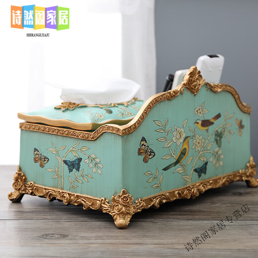 Europäische leichte Luxus-High-End-Fernbedienung Taschentuch-Aufbewahrungsbox Haushalt Amerikanische Box Wohnzimmer Multifunktions-Papierbox Retro-Papier 1047 Blue Oriole Blossom Side Drawer