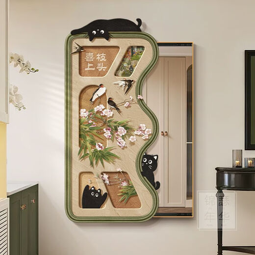 圣多堡中古风卡通猫咪隐藏式全身镜画法式复古推拉隐形穿衣镜玄关装饰画 A款：UV晶瓷+镜子画+格调黑+铝合金框 外框69*148内框横40竖130-左推拉