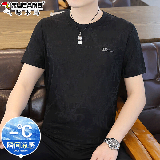 啄木鸟冰丝短袖t恤男士2025夏季薄款潮流圆领透气凉感半袖打底衫男装 753白色 XL （建议140-160斤）