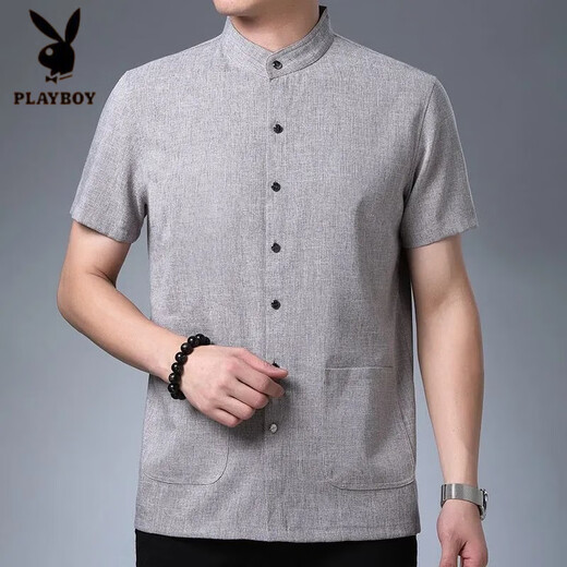 Playboy (Playboy) papa Summer Loose Thin Tirmt Summer Milieu d'âge et personnes âgées Chemise à manches courtes Collier de main de style chinois Col à moitié à manches 9201 Bleu M 165 [100-120Jin [Jin est égal à 0,5 kg]]]